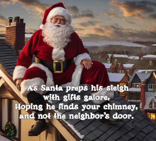 As Santa preps his sleigh with gifts galore, Hoping he finds your chimney, and not the neighbor's door.
