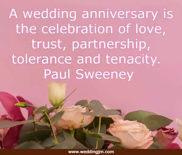 A wedding anniversary is the celebration of love, trust, partnership, tolerance and tenacity. The order varies for any given year.
