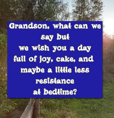 Grandson, what can we say but we wish you a day full of joy, cake, and maybe a little less resistance at bedtime?