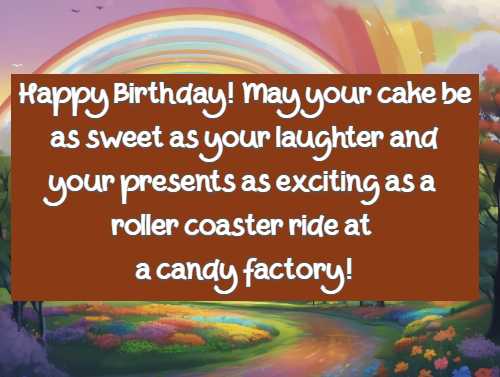 Happy Birthday! May your cake be as sweet as your laughter and your presents as exciting as a roller coaster ride at a candy factory!