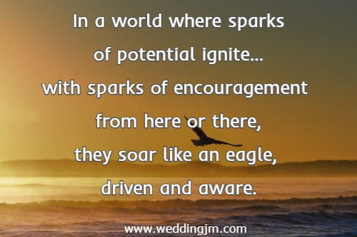 In a world where sparks of potential ignite...with sparks of encouragement from here or there, they soar like an eagle, driven and aware.