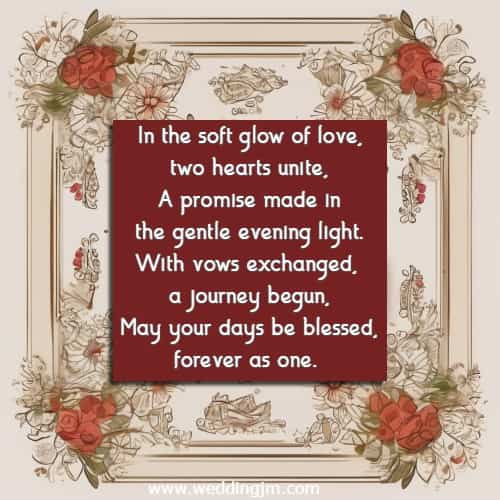 In the soft glow of love, two hearts unite, A promise made in the gentle evening light. With vows exchanged, a journey begun, May your days be blessed, forever as one.