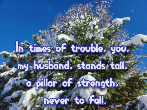 In times of trouble, you, my husband, stands tall, a pillar of strength, never to fall