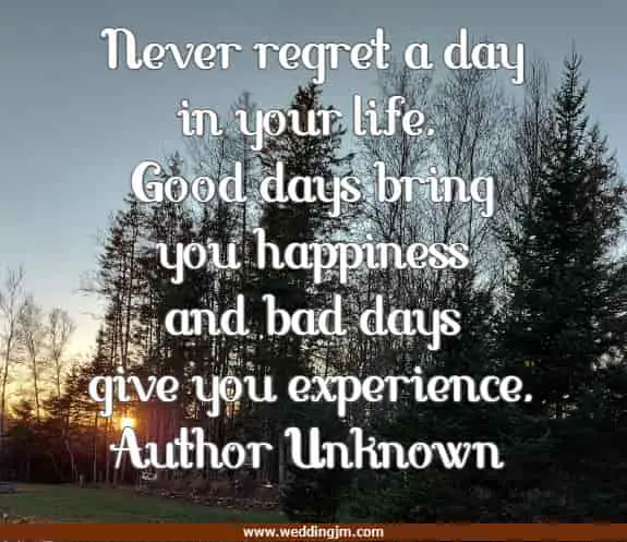 Never regret a day in your life. Good days bring you happiness and bad days give you experience.