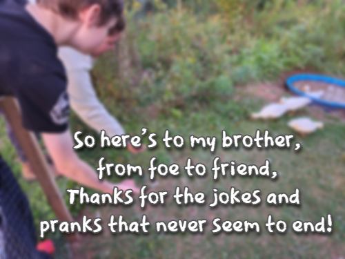 So here's to my brother, from foe to friend, Thanks for the jokes and pranks that never seem to end!