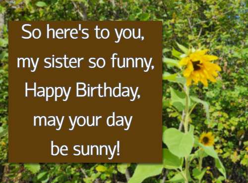 So here's to you, my sister so funny, Happy Birthday, may your day be sunny!