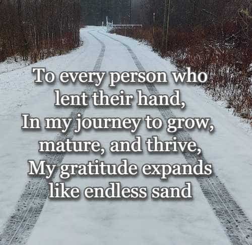 To every person who lent their hand, In my journey to grow, mature, and thrive, My gratitude expands like endless sand,