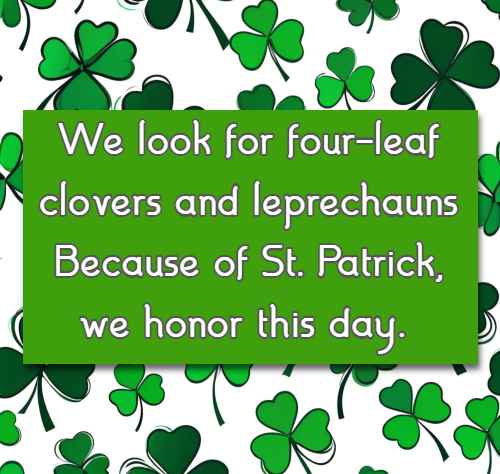 We look for four-leaf clovers and leprechauns Because of  St. Patrick, we honor this day.