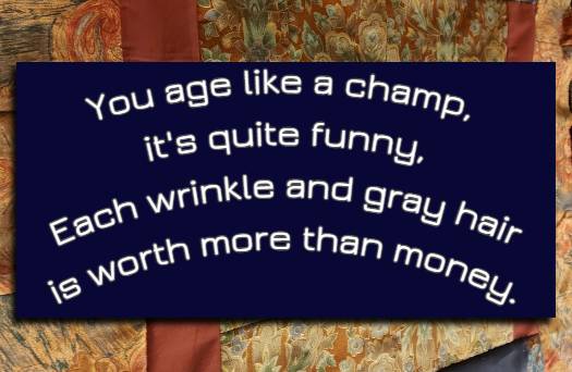 You age like a champ, it's quite funny, Each wrinkle and gray hair is worth more than money.